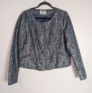 L Ruff Hewn Grey Navy Gold Jacquard Shimmer Zip Front Jacket